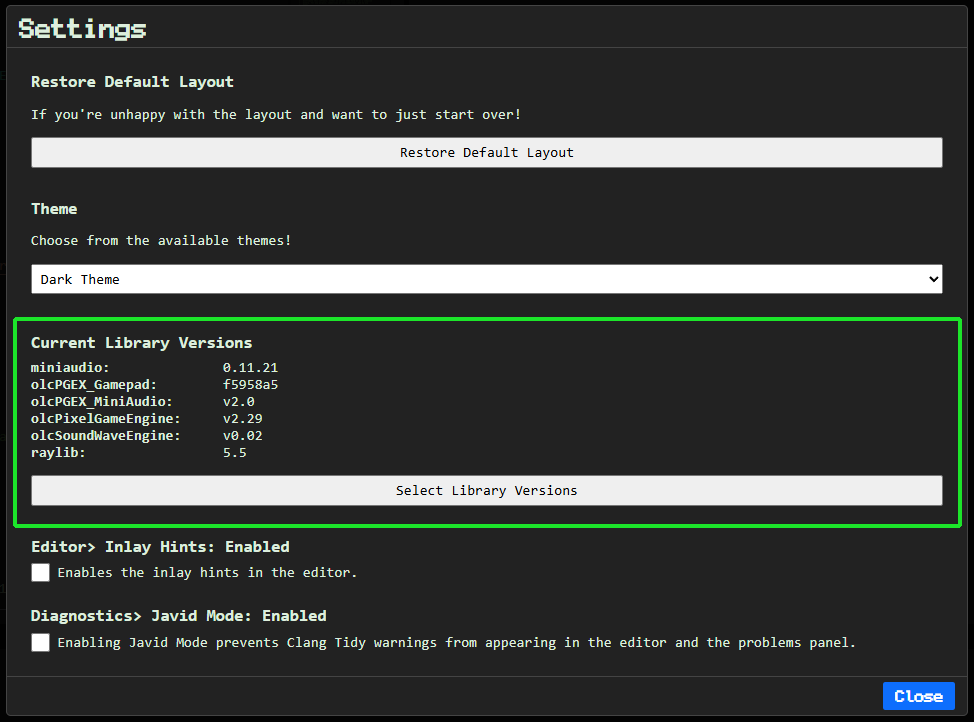 Settings Dialog with Libraries Focused